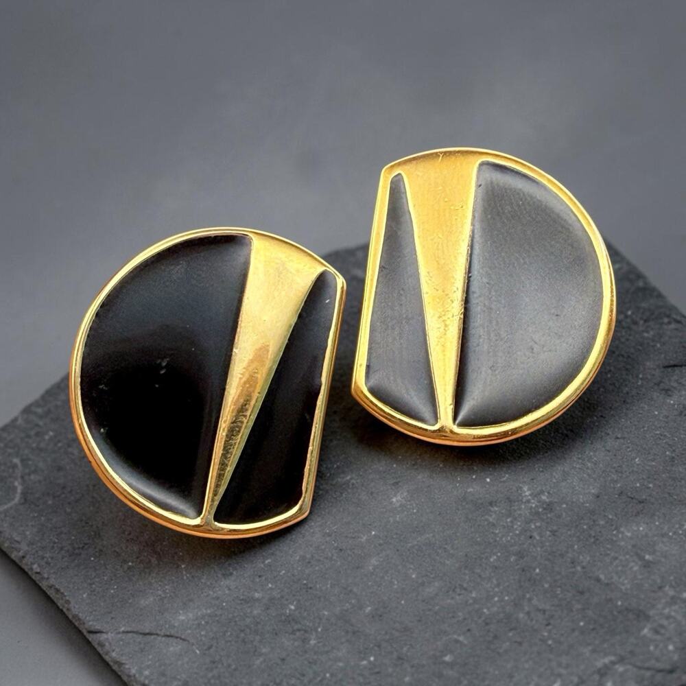 Vintage Monet Black Enamel Geometric Earrings Gold Tone Art Deco Revival Post